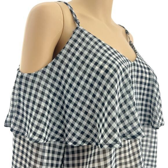 Ten Sixty Sherman LARGE Black White Sheer Gingham Plaid Cold Shoulder Top - Picture 2 of 5